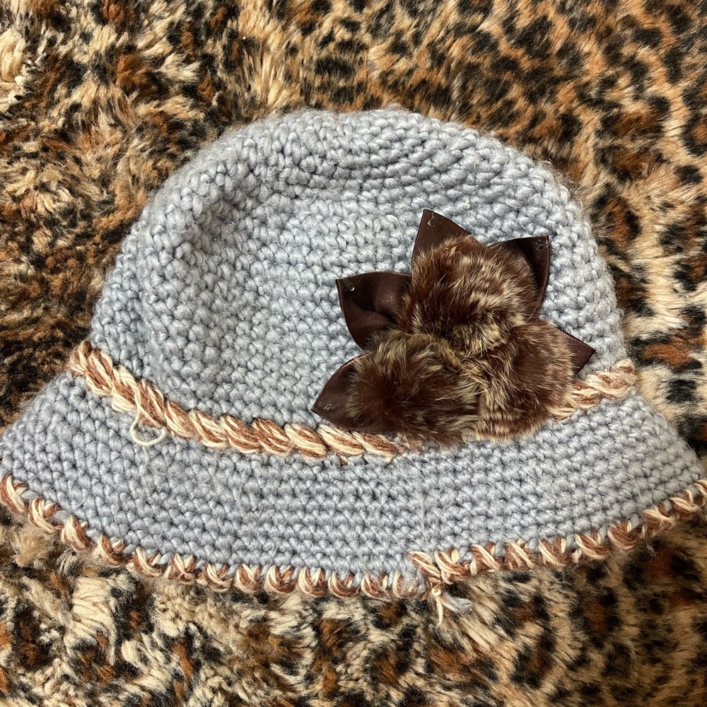 Vintage Cozy Gray Knit Hat with Brown Accents